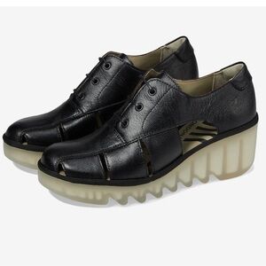 Fly London Black Leather Wedge Sandals